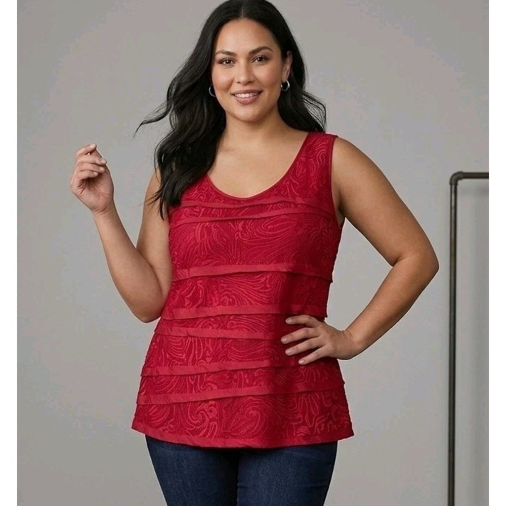 Chico's Red Romanced Lace Tiered Sleeveless Shell Tank Size 3 XL NWT